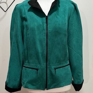 Women's Vintage Teal/Black Lightweight Jacket Zipper Pockets 80s Faux Suede